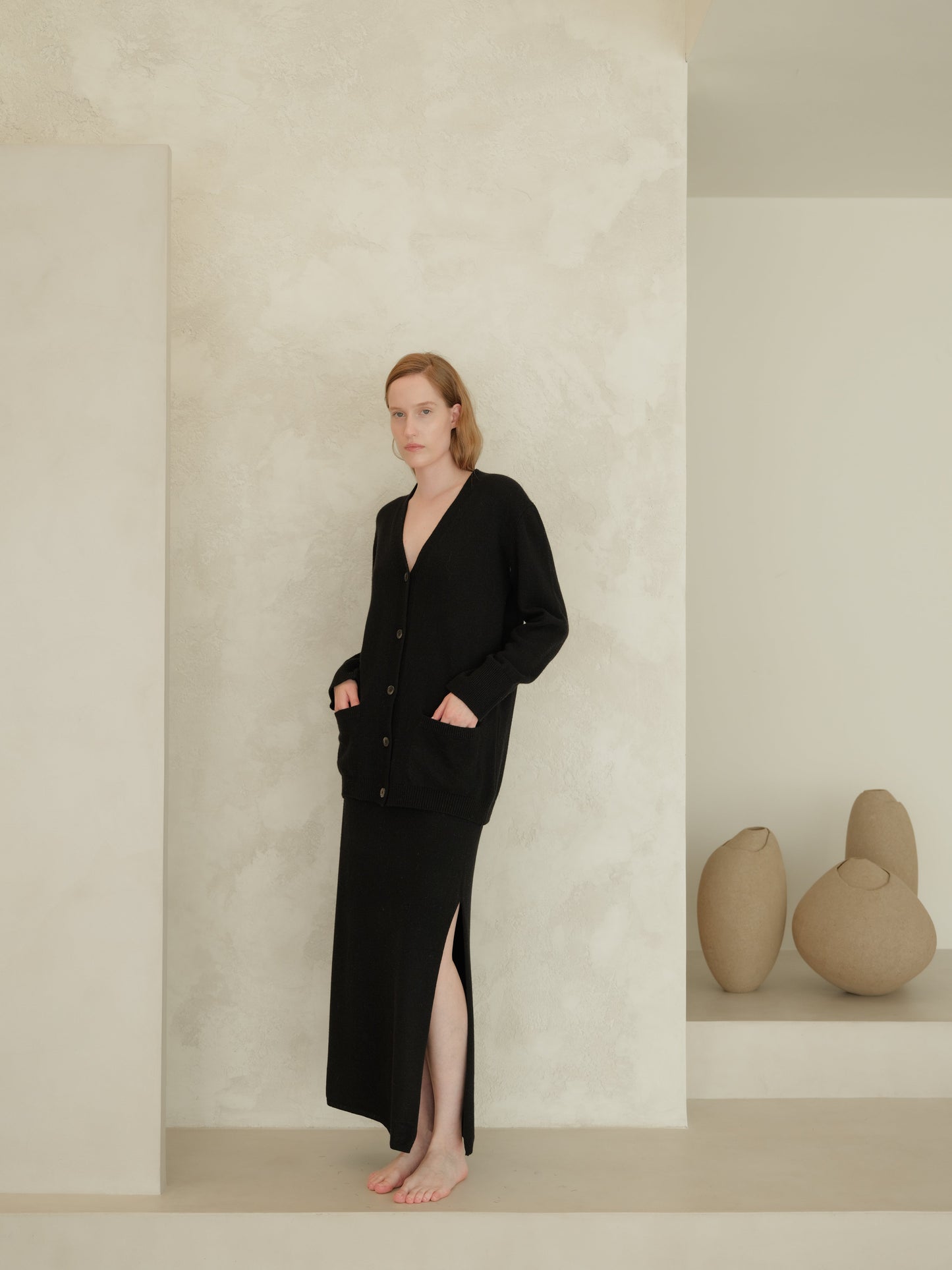 Cashmere Mix High-Waist Elegant Skirt with Side Slit