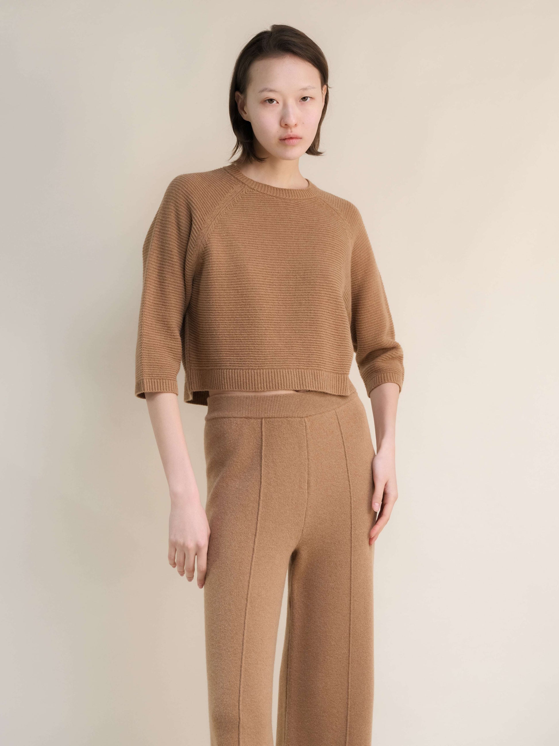 Cashmere Mix Cropped 3/4 Sleeve Pullover