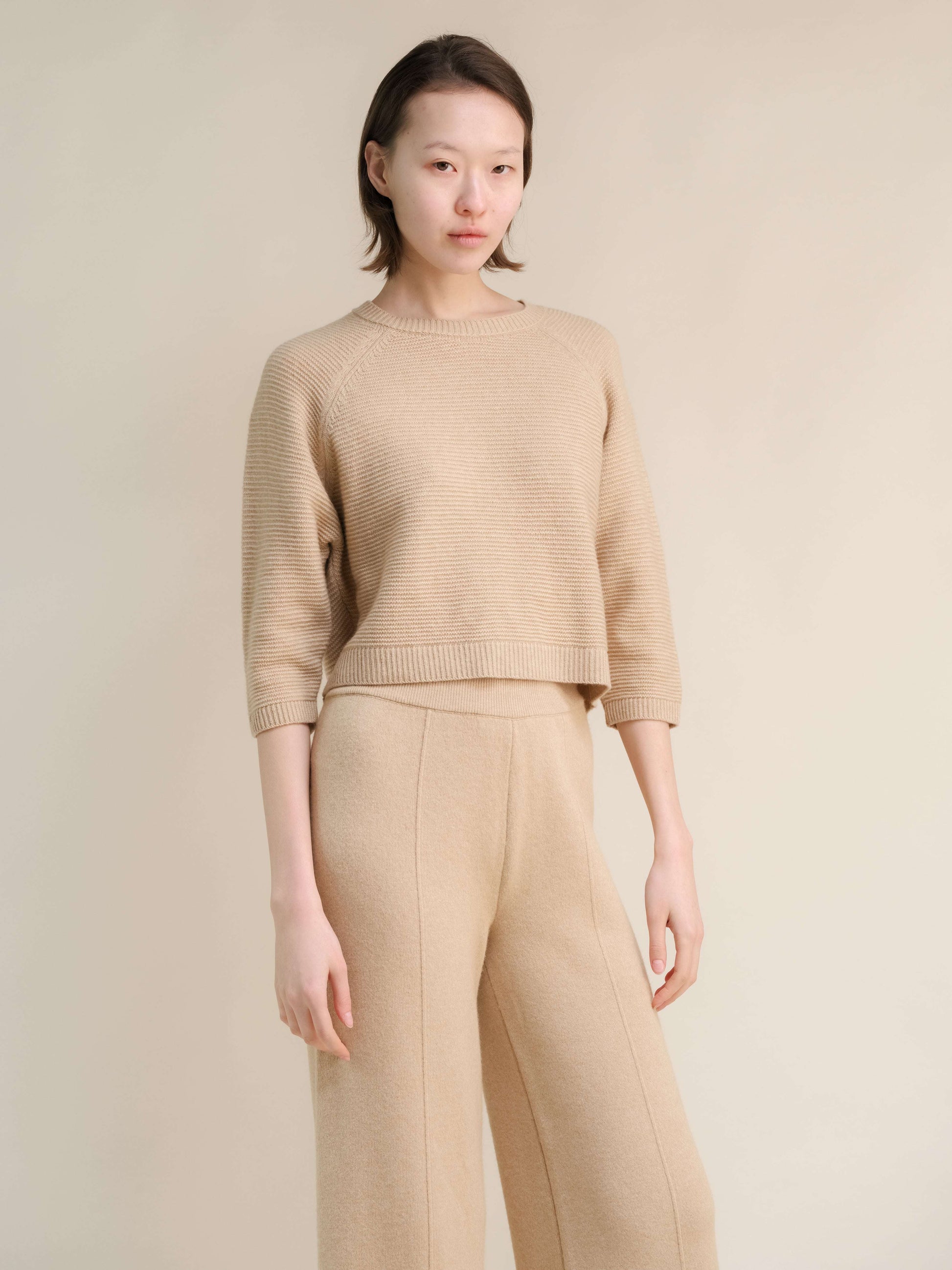 Cashmere Mix Cropped 3/4 Sleeve Pullover