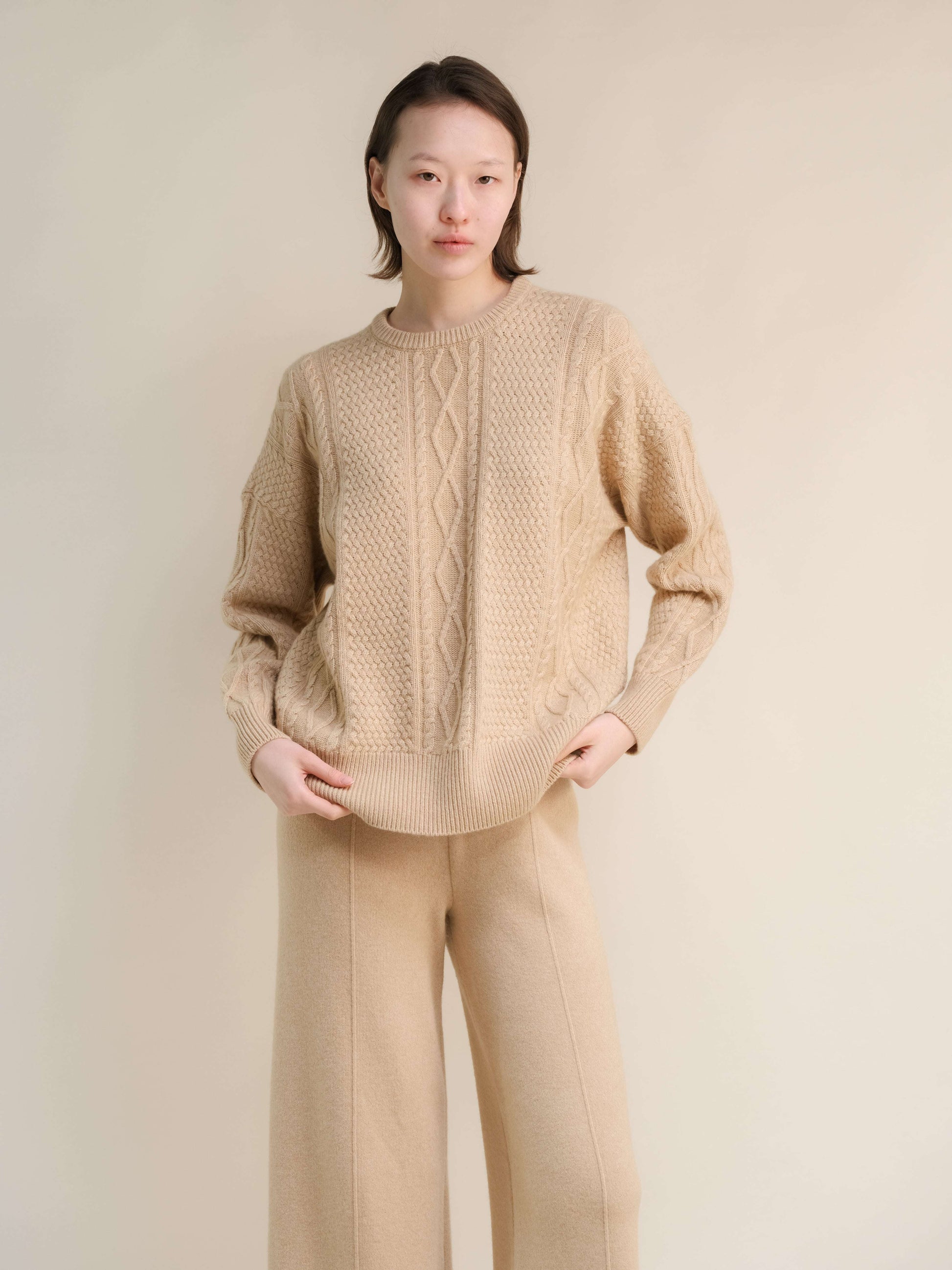 Cashmere Mix Fisherman Crewneck Sweater-13