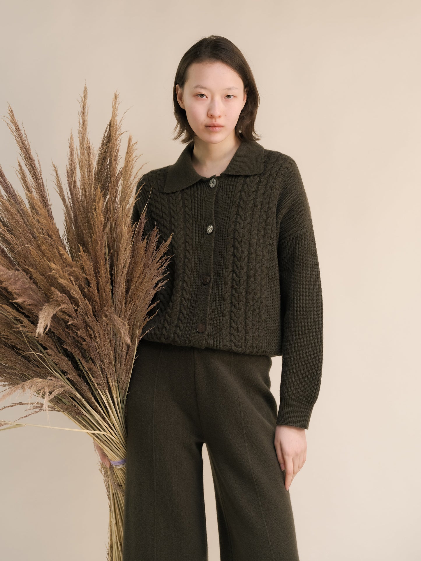 Cardigan polo torsadé en cachemire mélangé