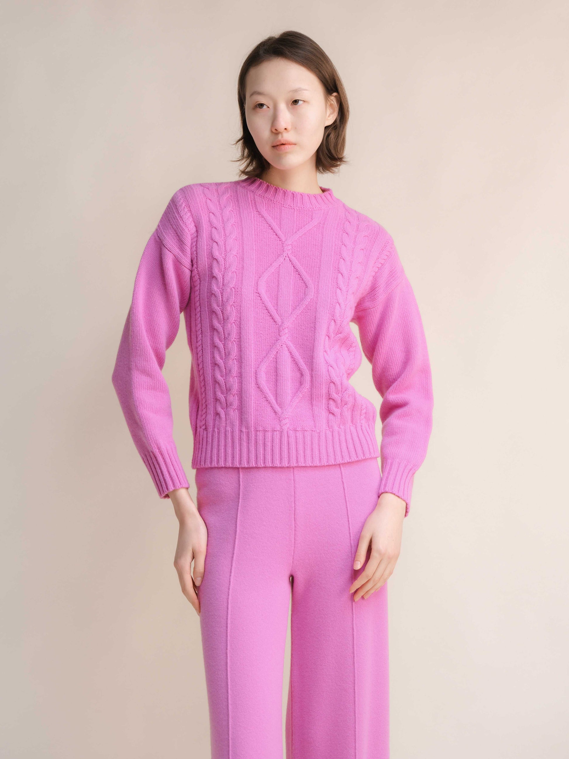 Pink Cashmere Mix Cable Knit Sweater with matching pants. Stylish and sustainable knitwear from HenryPawHaven for modern elegance.