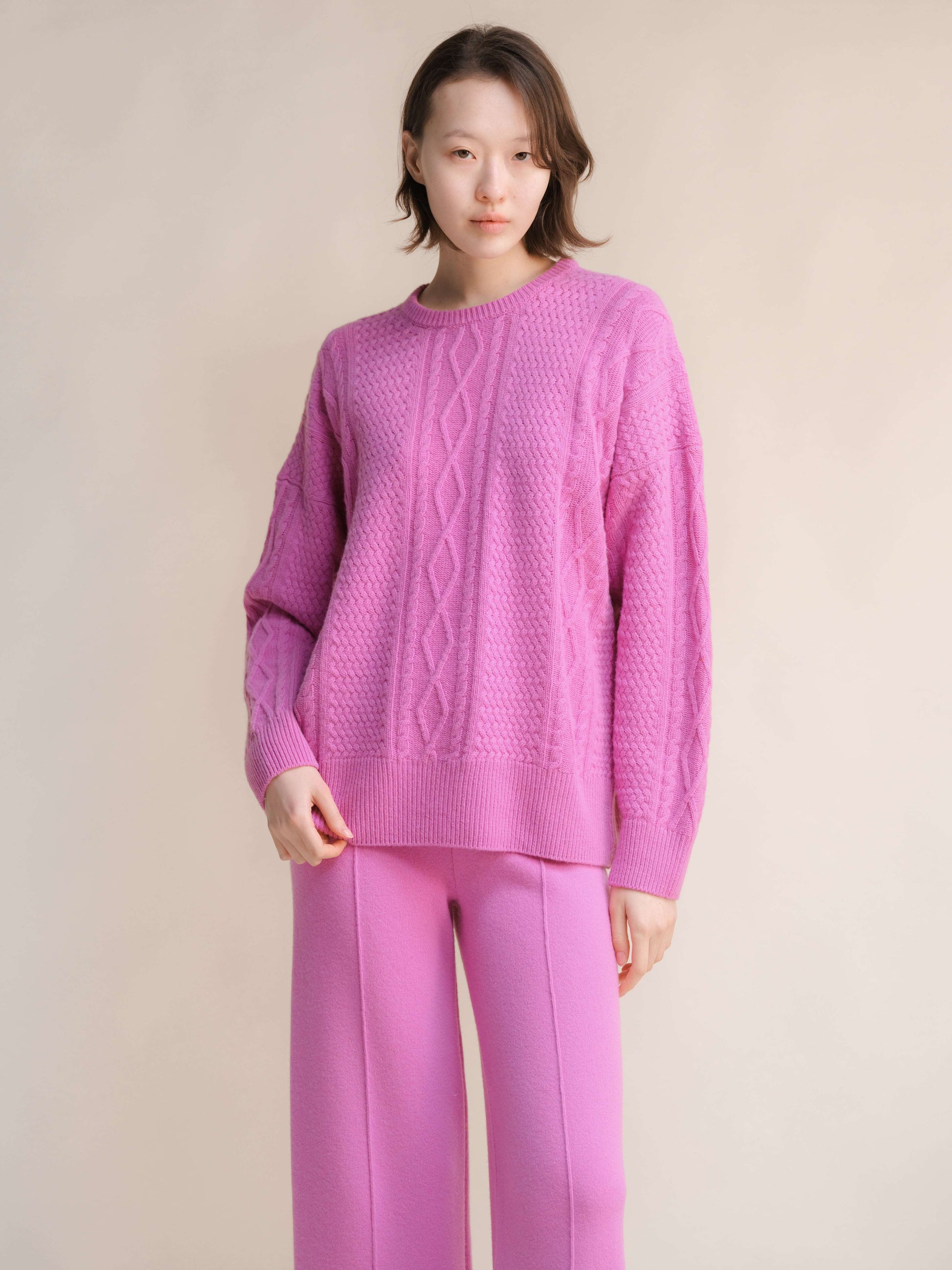 Cashmere Mix Fisherman Crewneck Sweater-14