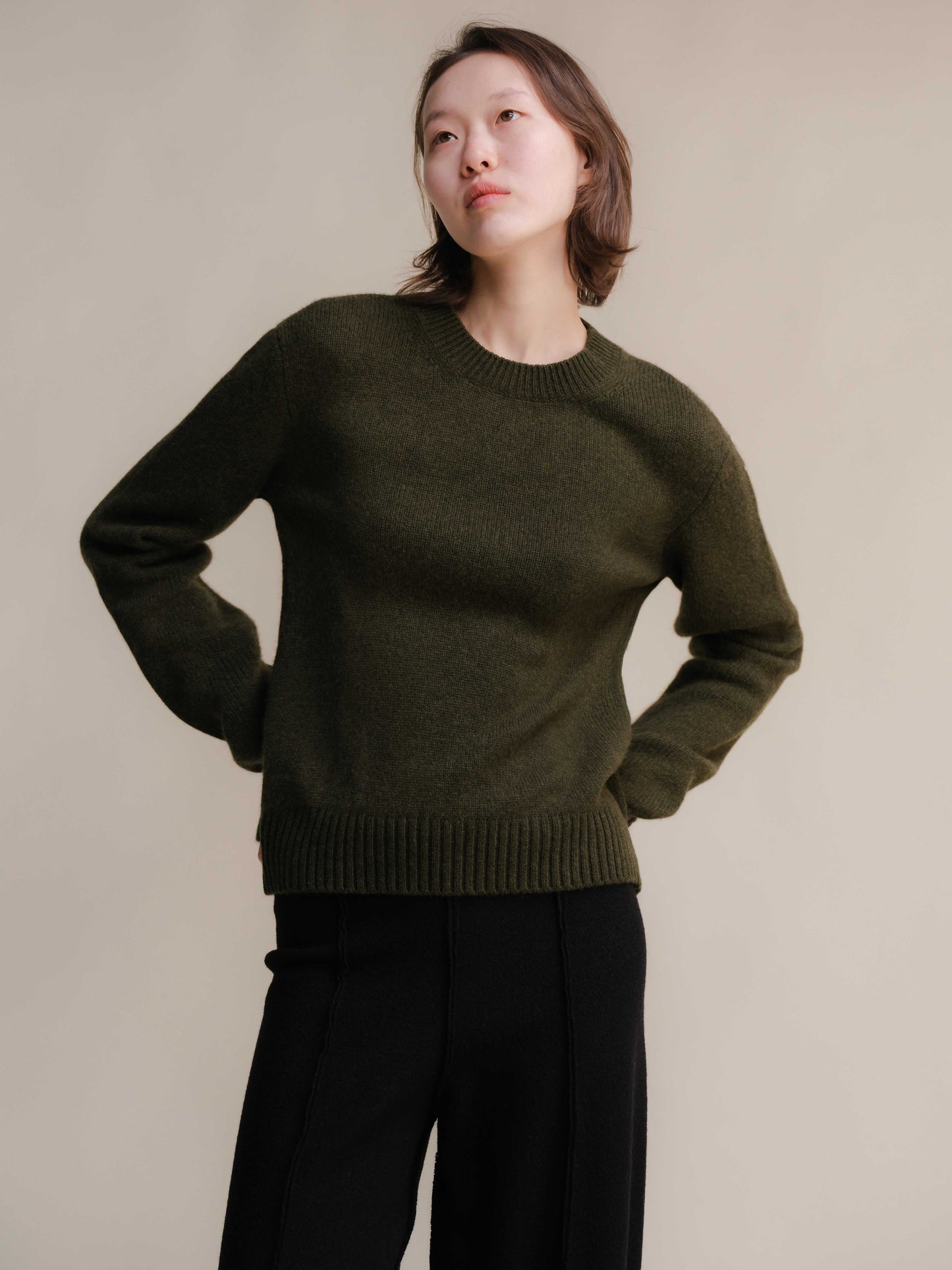 Olive green Pure Cashmere Crewneck Sweater with ribbed hem and cuffs. Elegant Italian-made knitwear by Lèmme for HenryPawHaven.