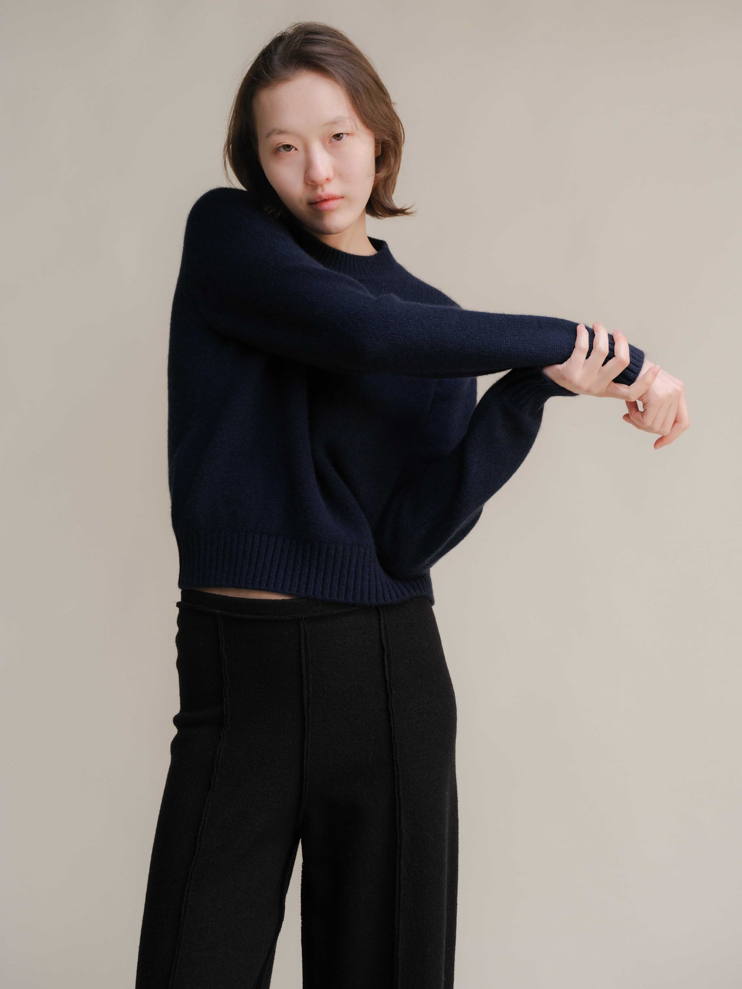 Navy blue Pure Cashmere Crewneck Sweater with relaxed fit. Premium Italian-made cashmere knitwear by Lèmme at HenryPawHaven.