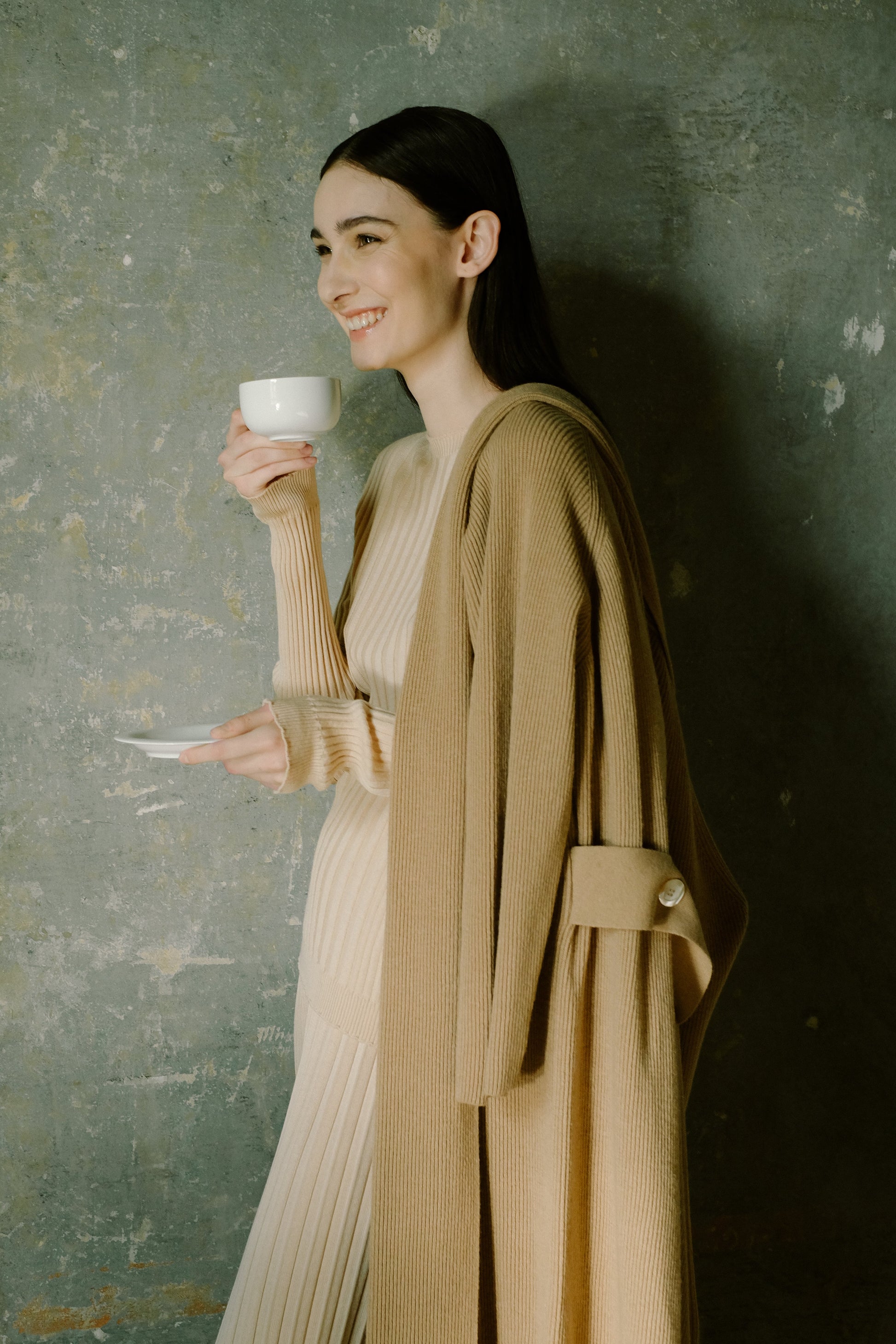 Cashmere Mix Shawl-Collar Maxi Ribbed Cardigan in camel worn over a ribbed knit outfit, showcasing Italian knitwear elegance and comfort.