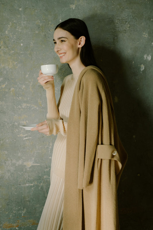 Cashmere Mix Shawl-Collar Maxi Ribbed Cardigan in camel worn over a ribbed knit outfit, showcasing Italian knitwear elegance and comfort.