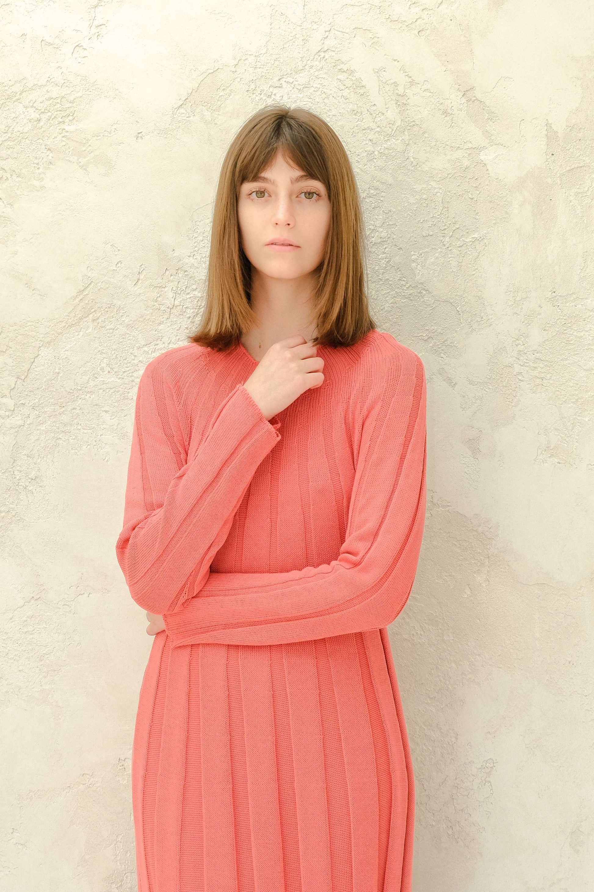 Coral 3D-knit maxi dress