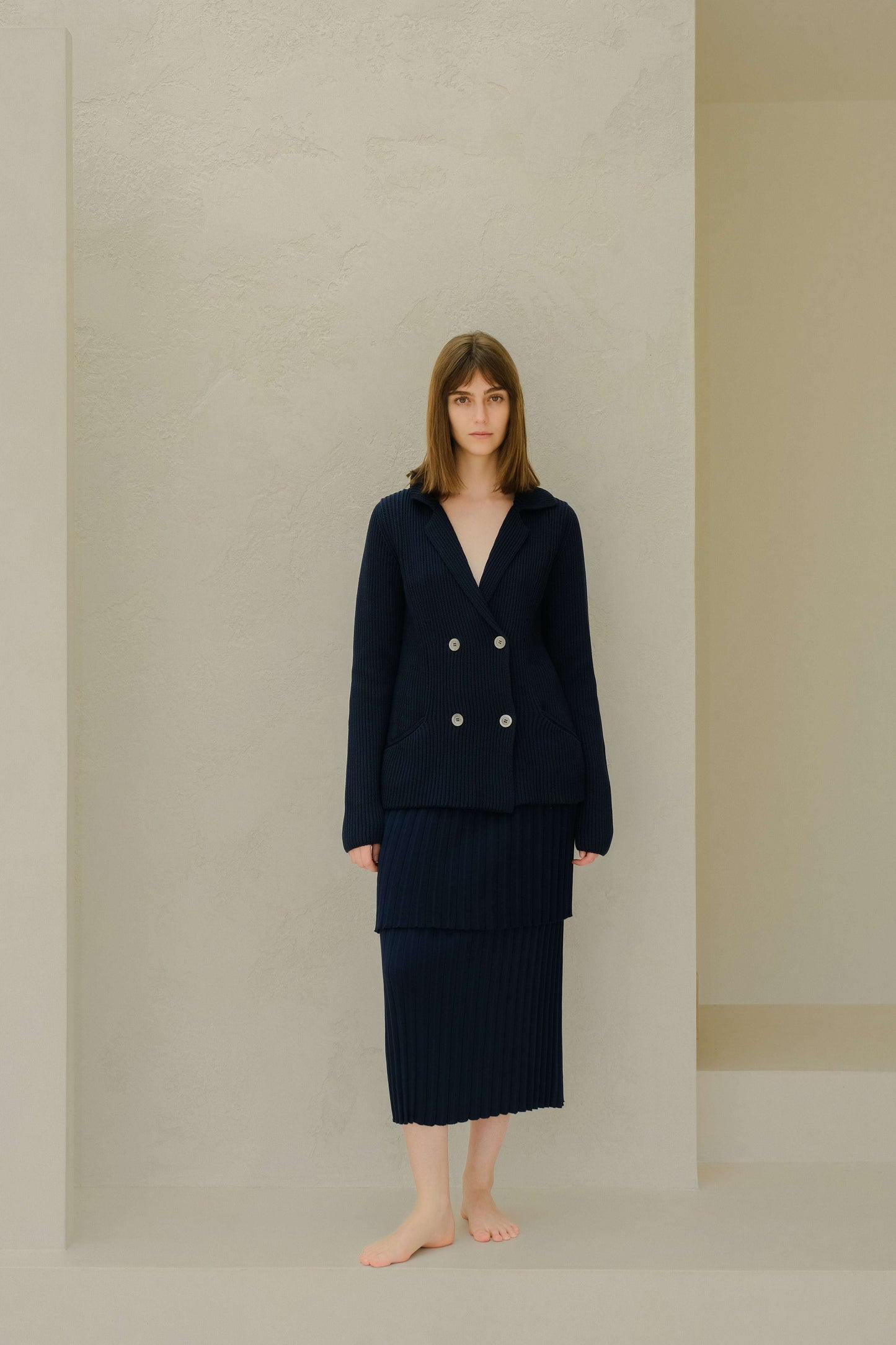 Navy blue double breasted knit jacket in fine cotton with classic ribbed finish, part of a coordinated set by Lèmme at HenryPawHaven.