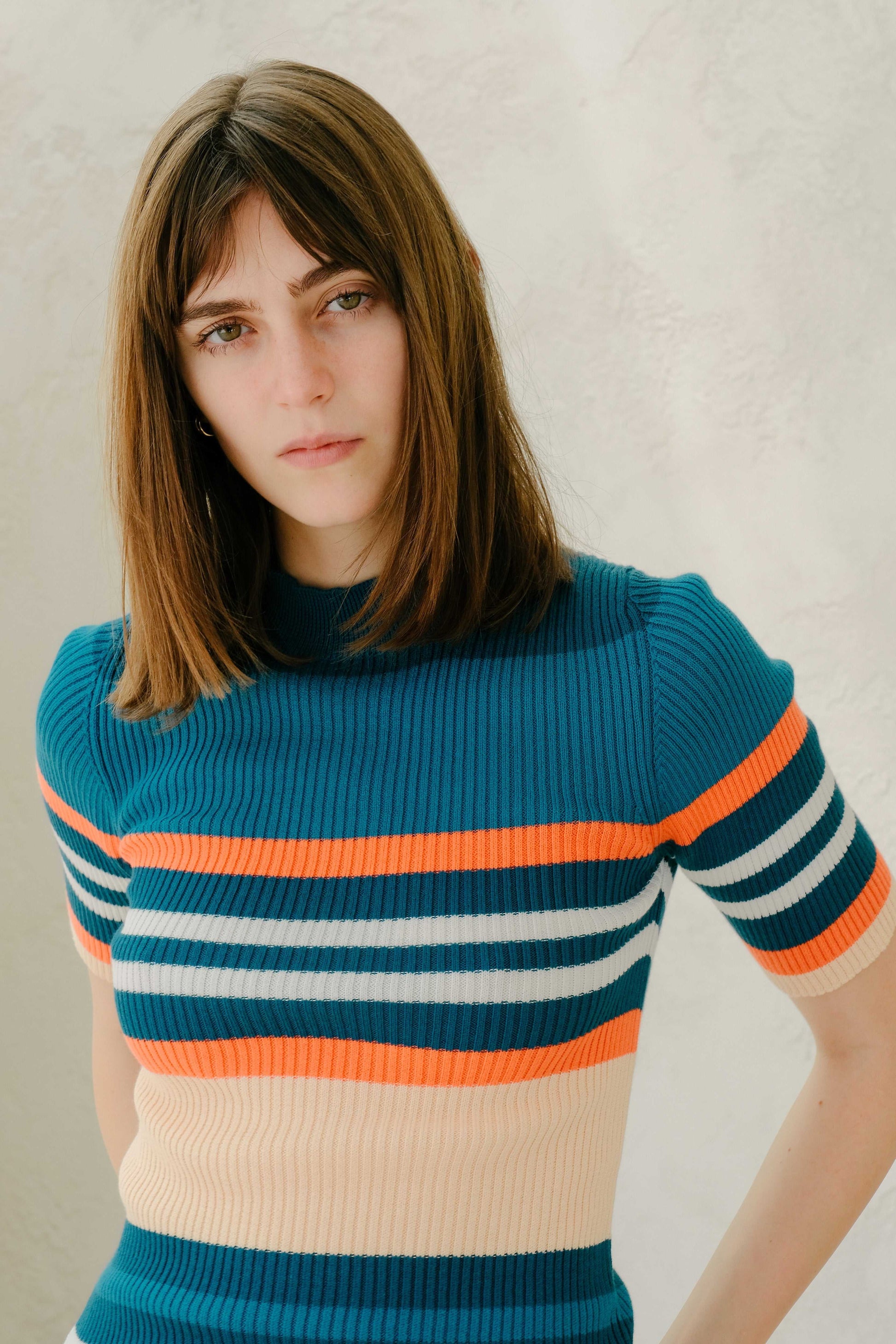 Slim fit ribbed t-shirt in teal, orange, and cream stripes, made from 100% Pima cotton, Italian summer knitwear by HenryPawHaven.