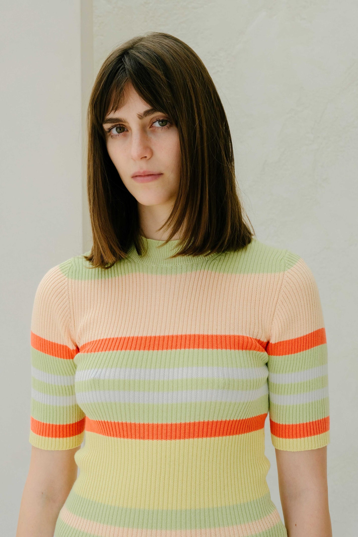 Pima Cotton Stripes Ribbed T-Shirt in pastel tones with orange accents, slim fit Italian summer knitwear from HenryPawHaven.