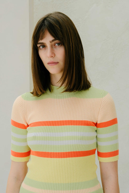 Pima Cotton Stripes Ribbed T-Shirt in pastel tones with orange accents, slim fit Italian summer knitwear from HenryPawHaven.