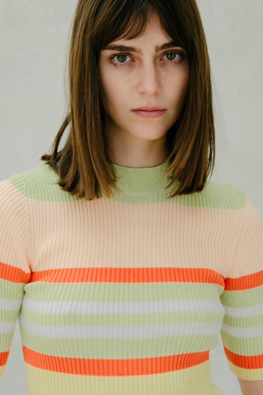 Close-up of pastel striped ribbed Pima cotton t-shirt, showcasing soft texture and fine Italian craftsmanship by HenryPawHaven.