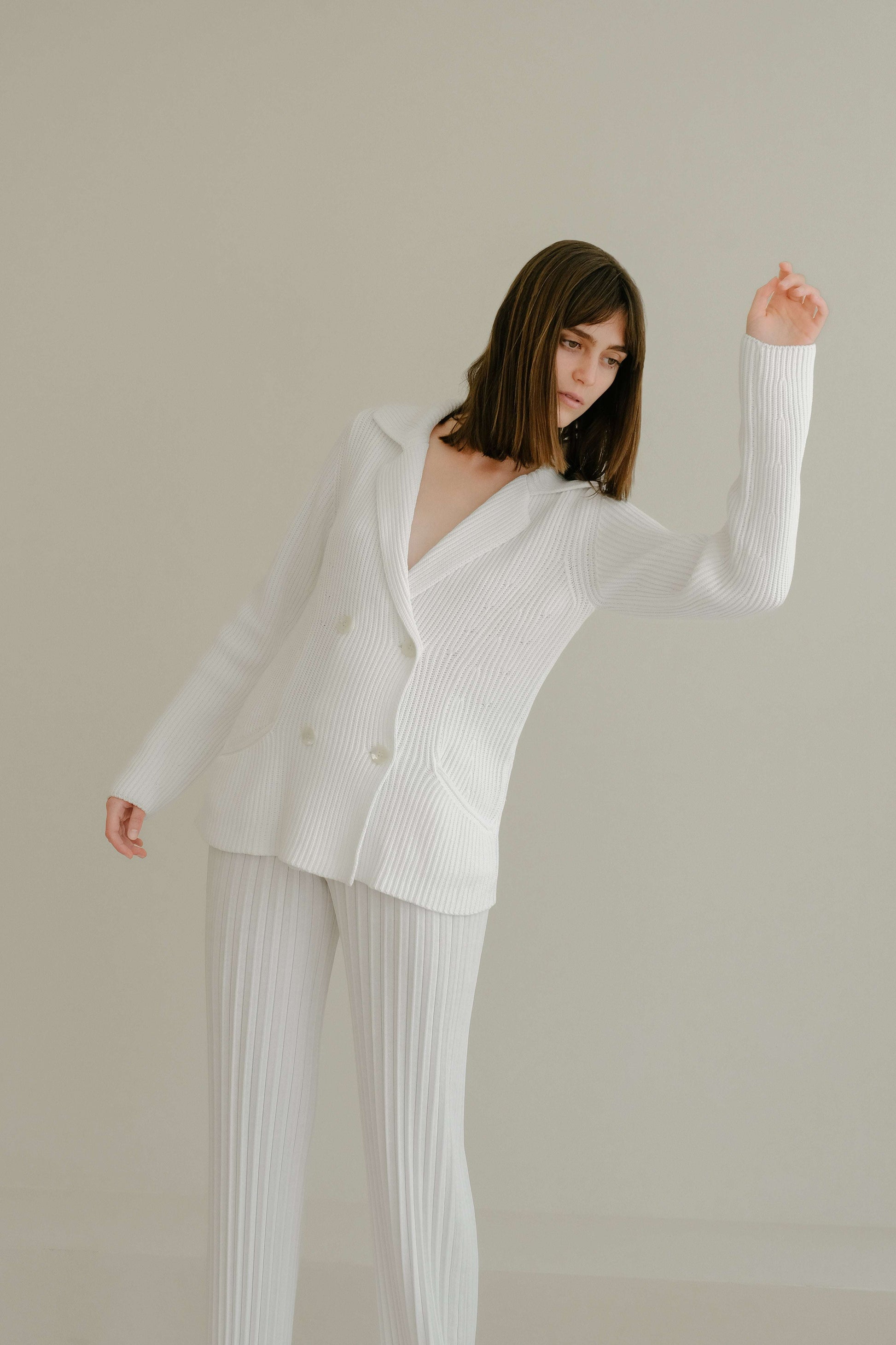 White Fine Cotton Double Breasted Knit Jacket paired with matching ribbed pants, featuring Italian craftsmanship and timeless design from HenryPawHaven.