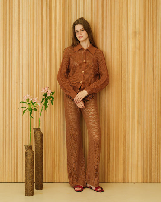 Fine Cotton Crochet Polo Cardigan in rust brown by Lèmme, featuring openwork knit and polo collar. Italian sustainable knitwear for women.