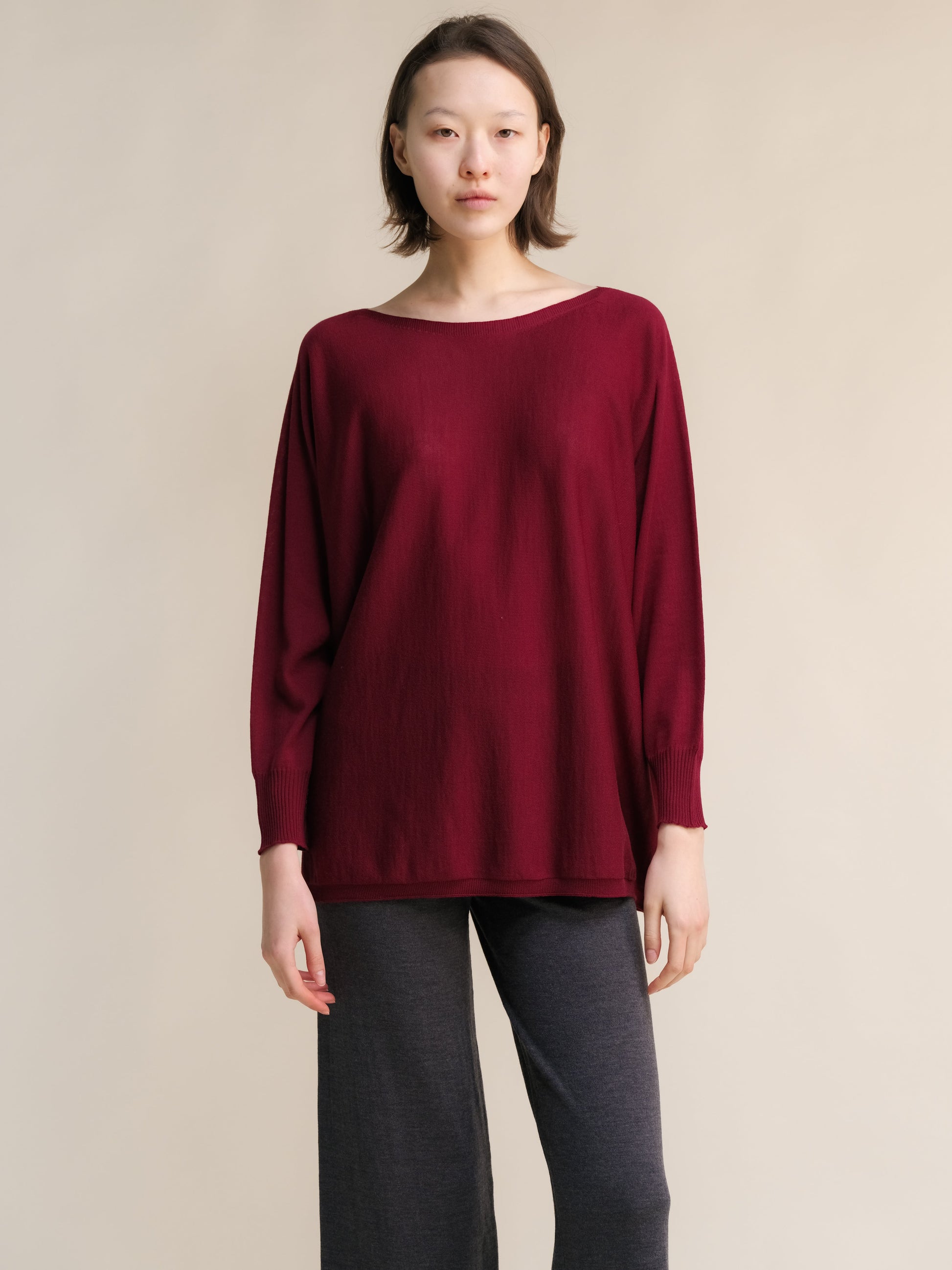 Burgundy Extra Fine Merino Wool Boat Neck Oversized Sweater, Italian knitwear with relaxed silhouette and ribbed detailing.