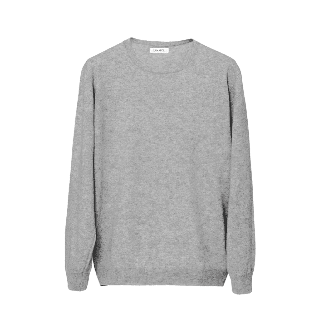 Flat lay of grey Men's Cashmere Crew Neck Sweater. Eco-friendly regenerated cashmere with a minimalist and versatile design.