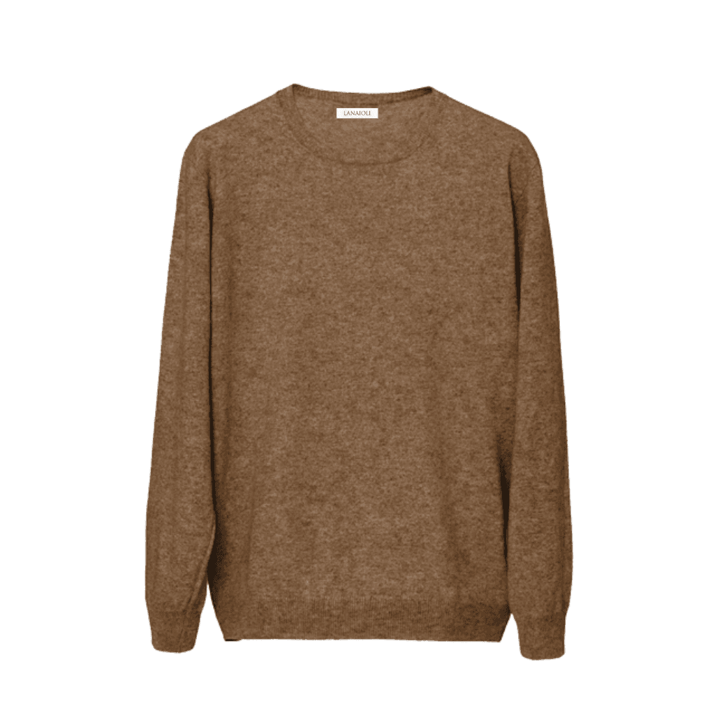 Flat lay of brown Men's Cashmere Crew Neck Sweater. Sustainable regenerated cashmere ideal for refined, eco-conscious wardrobes.