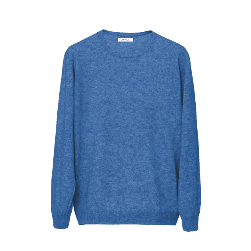 Flat lay of light blue Men's Cashmere Crew Neck Sweater. Soft, breathable regenerated cashmere for sustainable fashion lovers.
