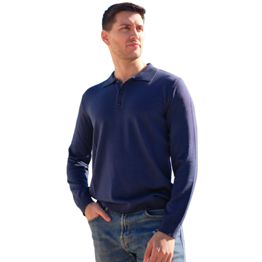 Men's Long-Sleeve Polo Shirt - Extrafine Merino Wool