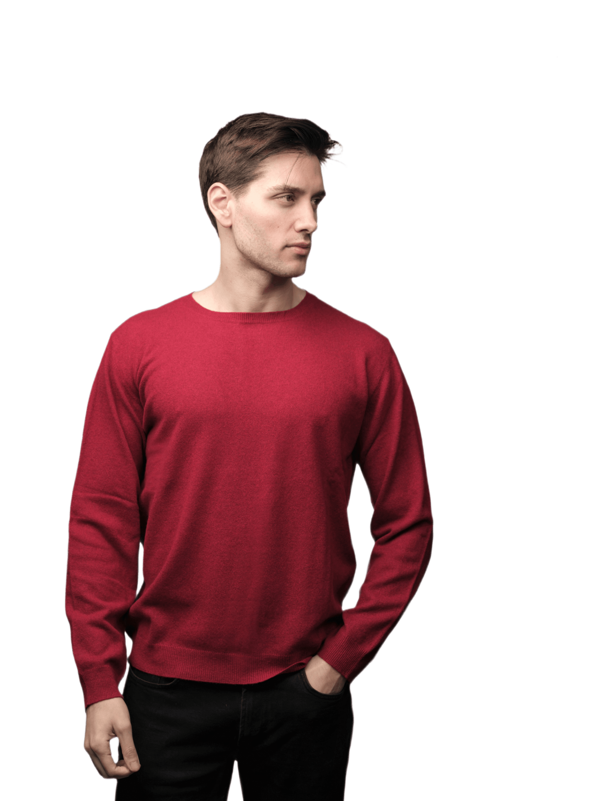 Men's Cashmere Crew Neck Sweater in red, modeled front view. Sustainable regenerated cashmere knitwear for eco-conscious fashion.