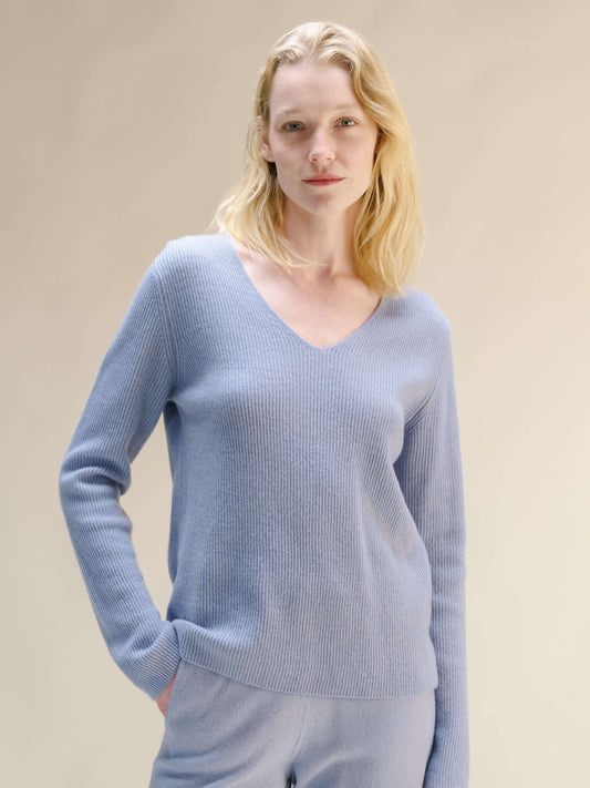 Light blue Cashmere Mix Ribbed V-Neck Sweater from HenryPawHaven, Italian-made knitwear in breathable wool-cashmere blend, elegant and cozy.