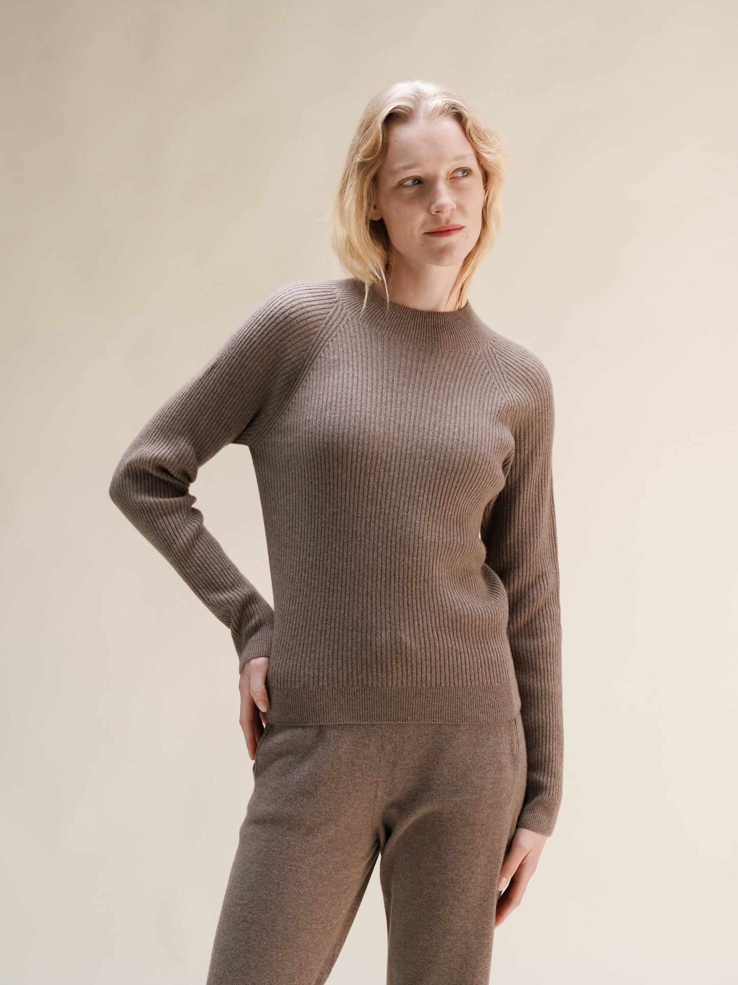 Pull col montant côtelé en mélange de cachemire tricoté en 3D