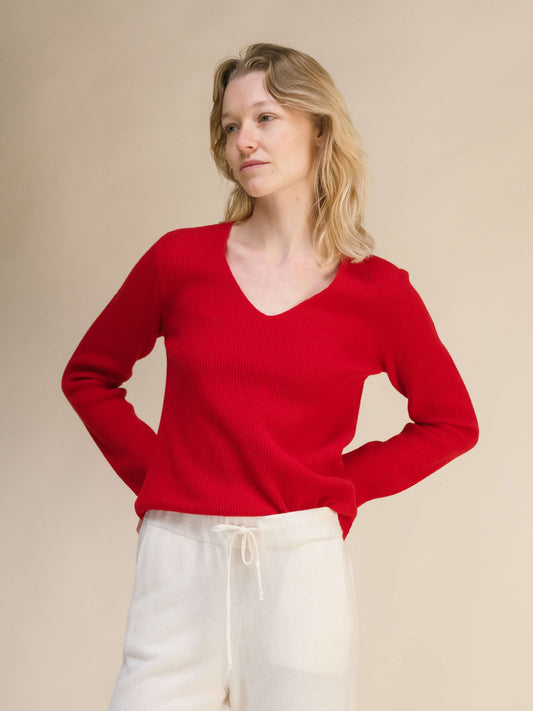 Red Cashmere Mix Ribbed V-Neck Sweater by HenryPawHaven, Italian knitwear with full ribbed texture, crafted in soft wool-cashmere blend.