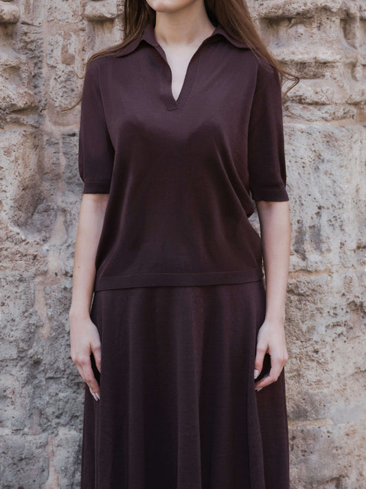 Extrafine Merino Wool Short Sleeve Polo in dark brown