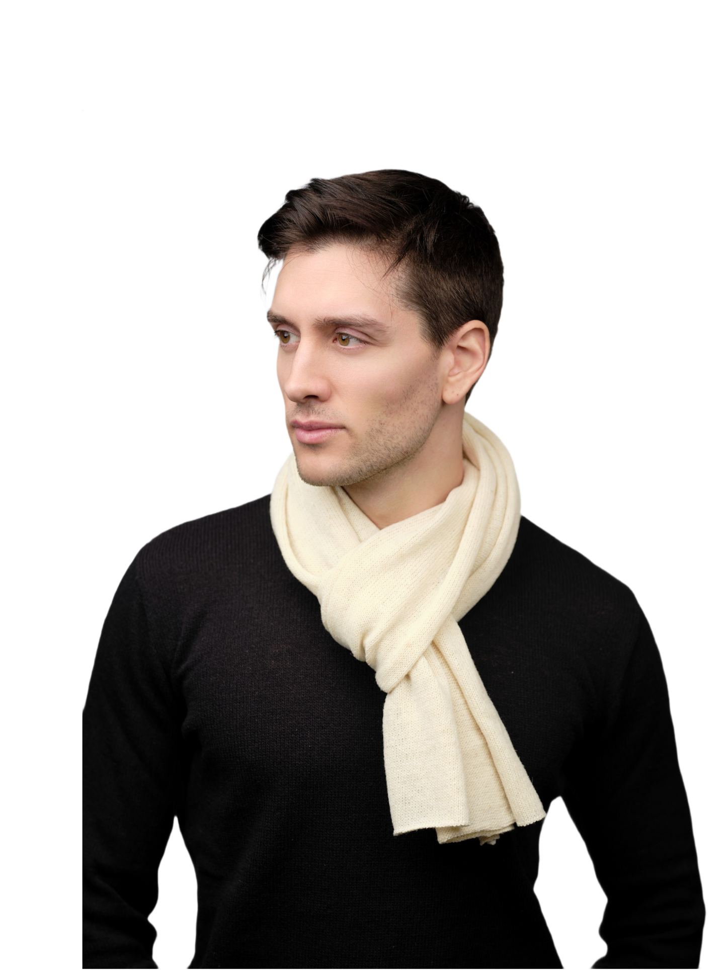 Men's shaved merino wool scarf in cream, styled on model. Sustainable Italian craftsmanship for breathable year-round wear.