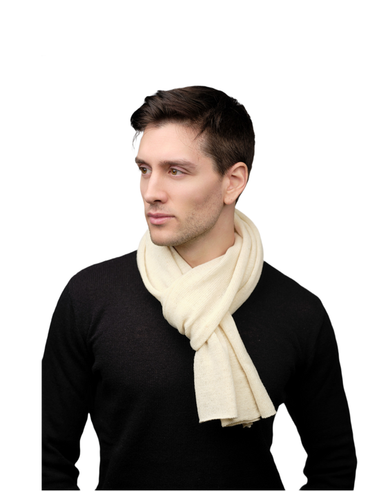 Men's shaved merino wool scarf in cream, styled on model. Sustainable Italian craftsmanship for breathable year-round wear.