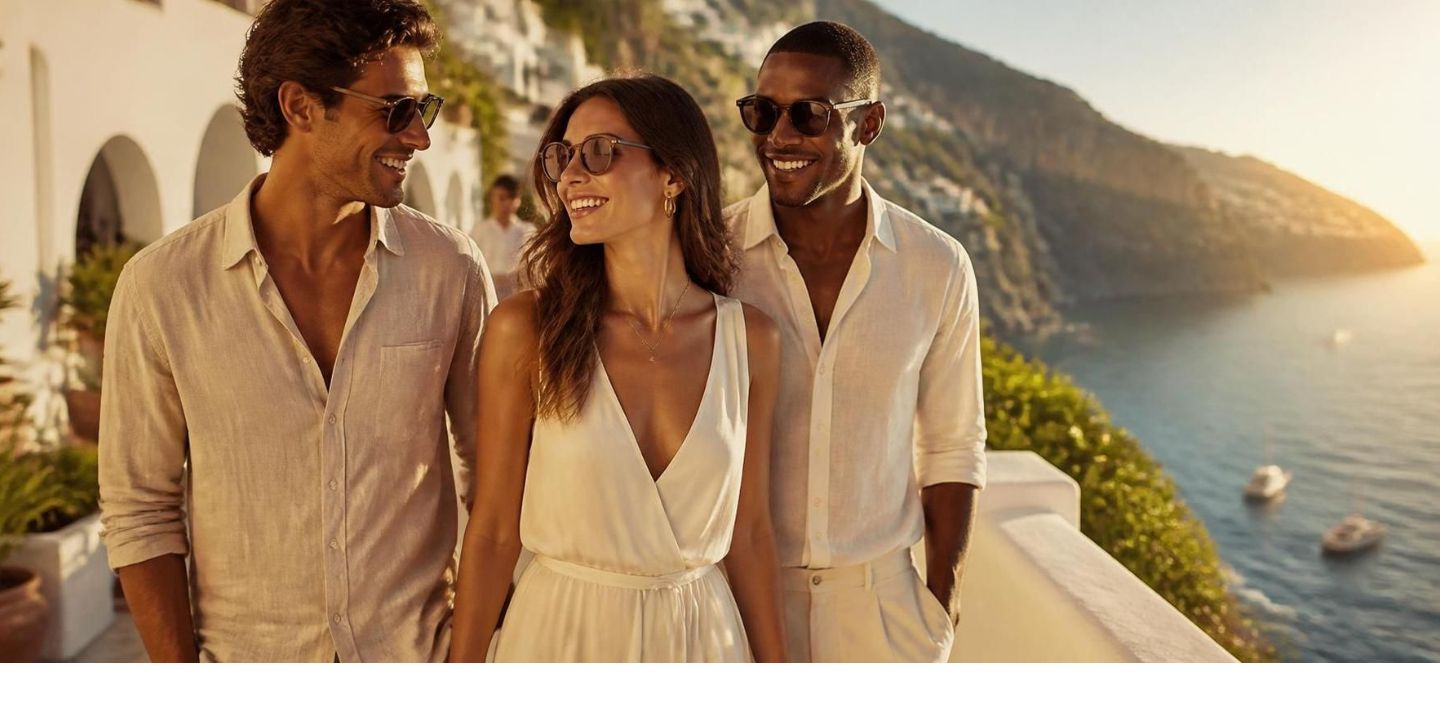 Three people standing together on a scenic coastal road with ocean view of the Amalfi coast