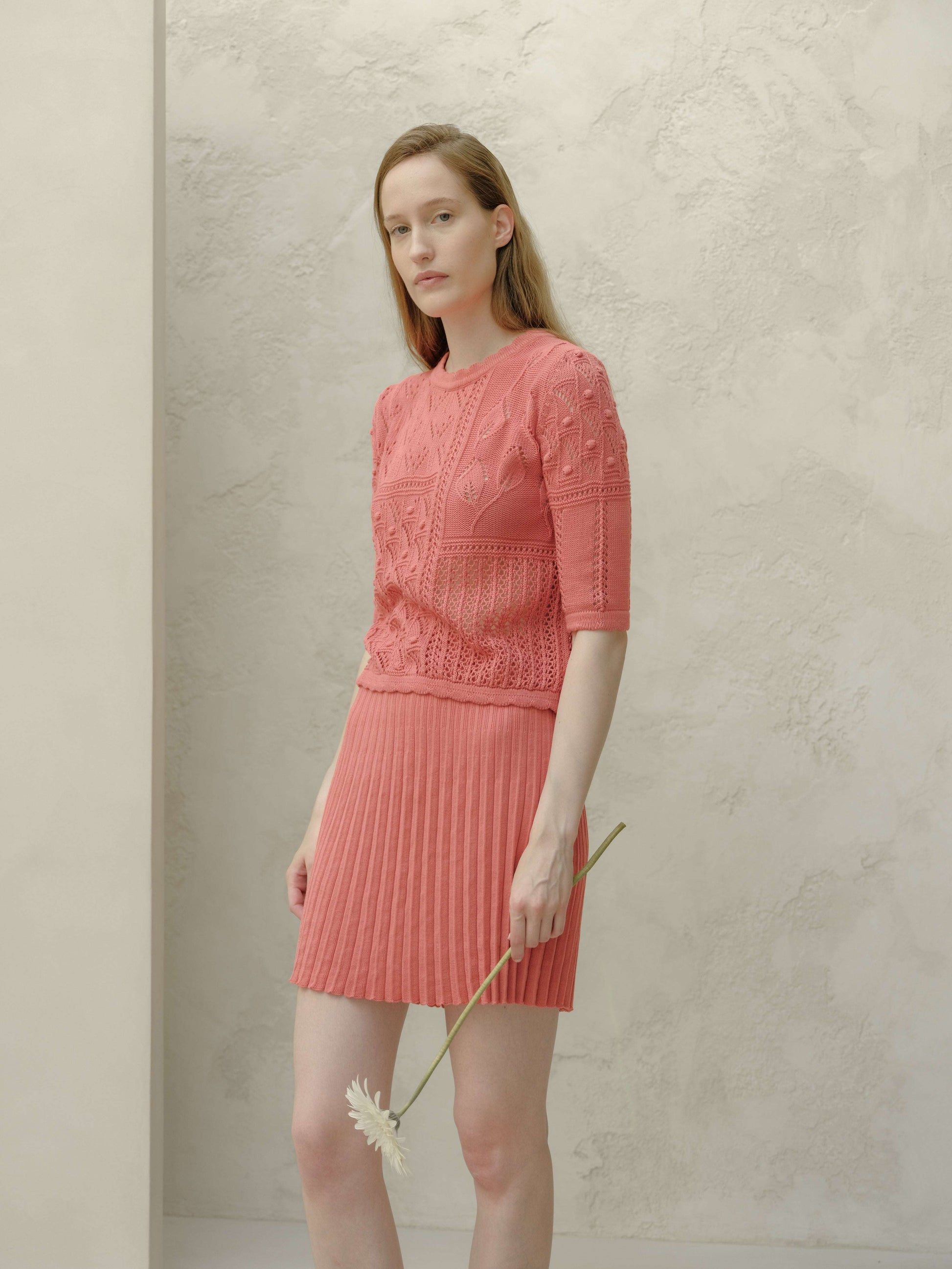 Coral floral knit T-shirt