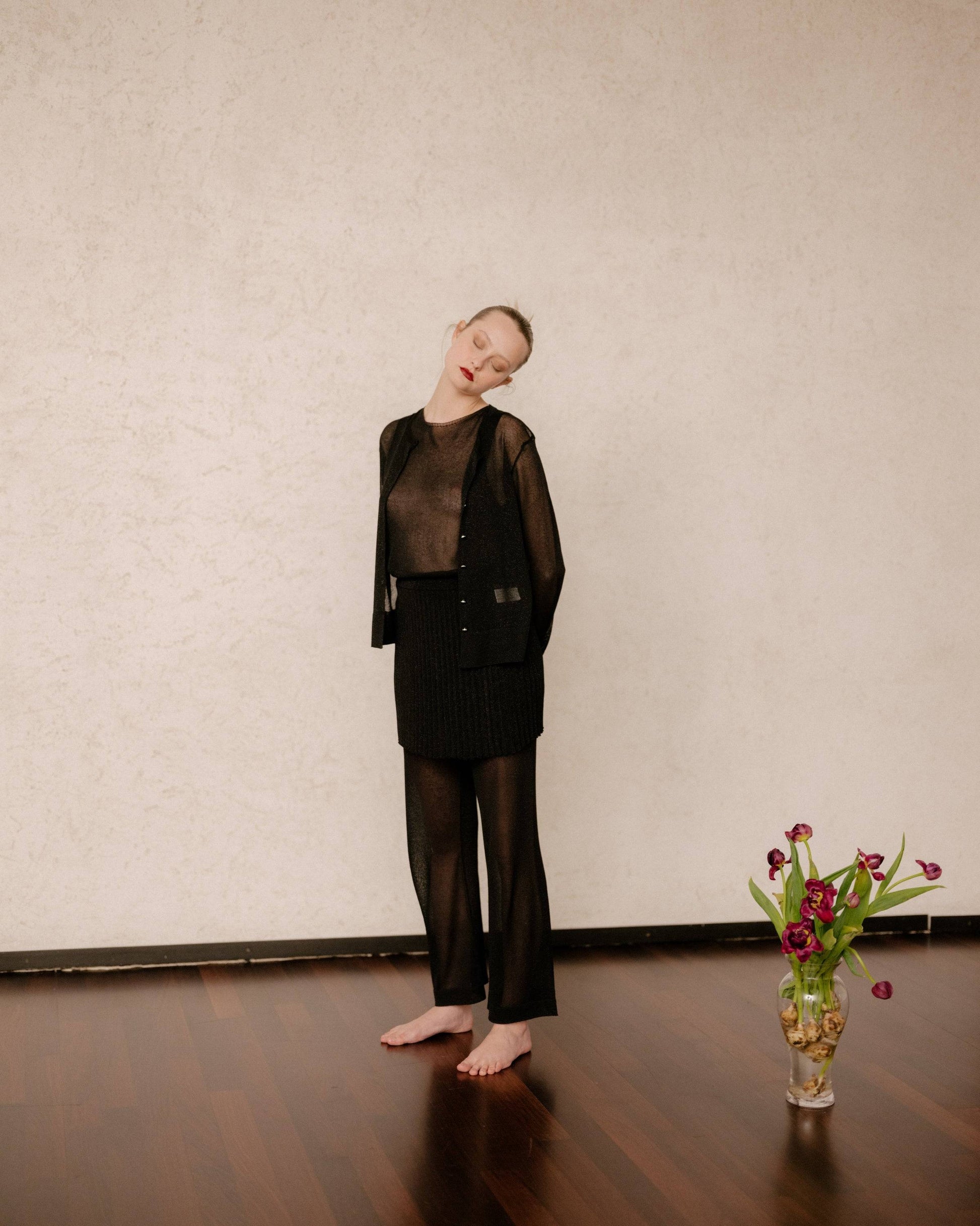 Glitter Cardigan Italian Knitwear - Relaxed Summer Fit styled with matching sheer pants and top, ideal for elegant summer layering.