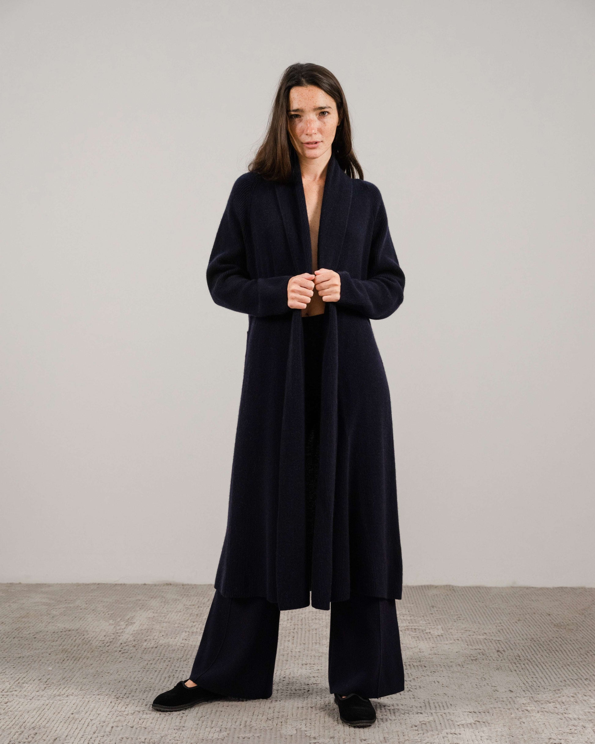 Navy blue Cashmere Mix Shawl-Collar Maxi Ribbed Cardigan with longline silhouette, premium Italian knitwear for elevated everyday wear.