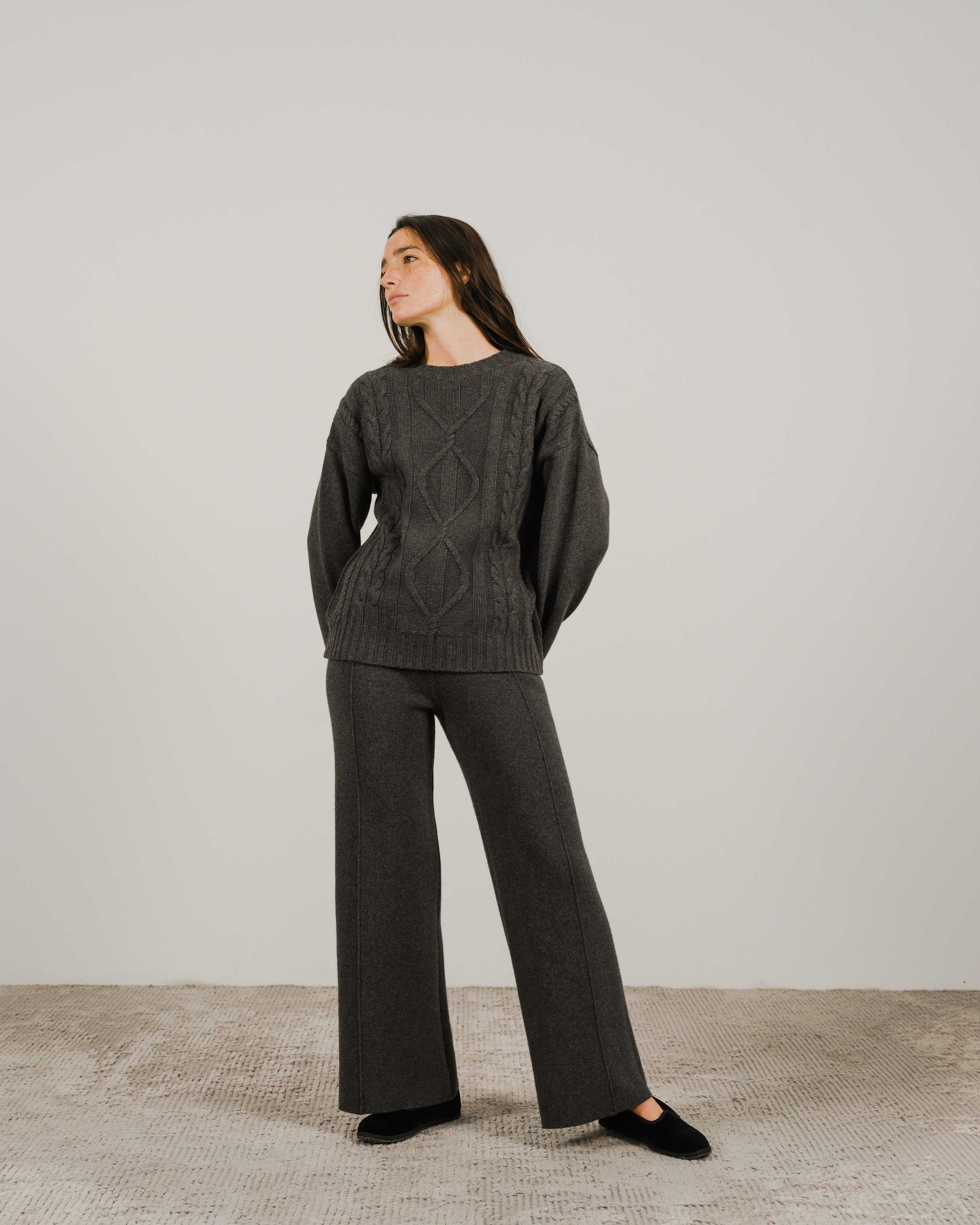 Charcoal grey Cashmere Mix Cable Knit Sweater with elegant cable detailing, part of HenryPawHaven’s sustainable apparel knitwear line.