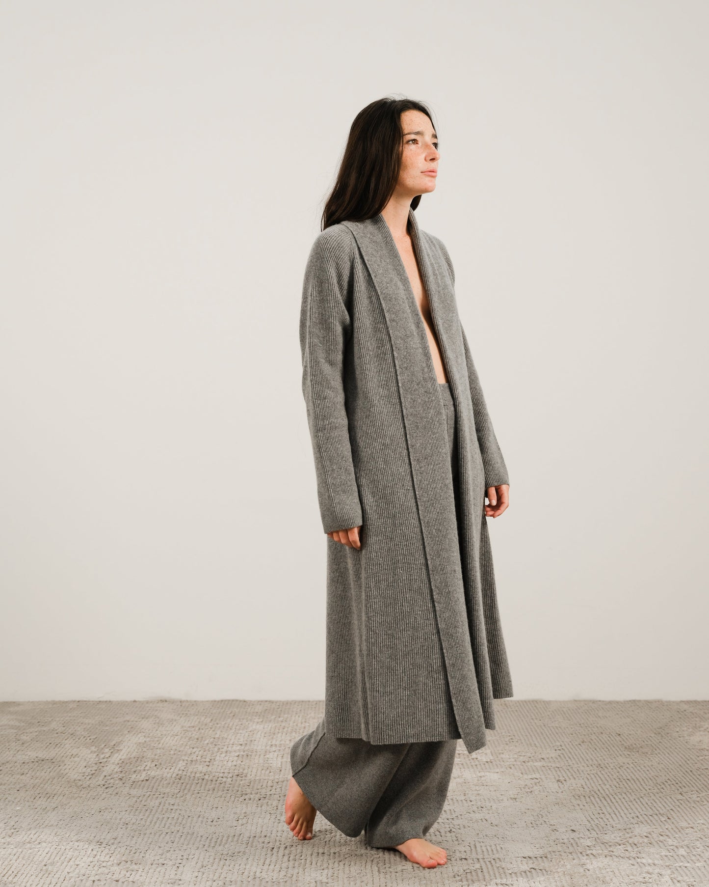 Light grey Cashmere Mix Shawl-Collar Maxi Ribbed Cardigan in soft ribbed knit, part of Lèmme’s sustainable Italian knitwear line.