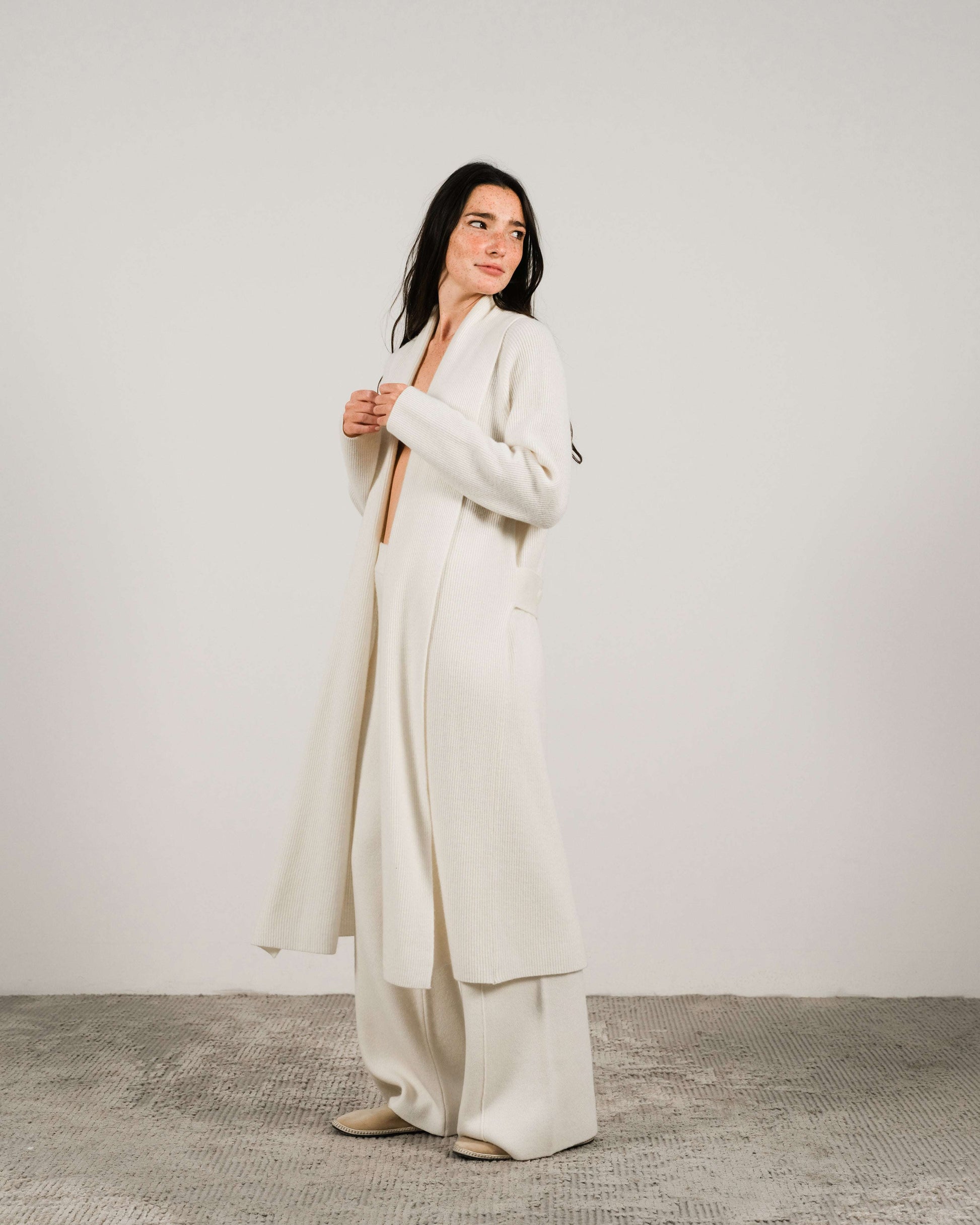 Ivory Cashmere Mix Shawl-Collar Maxi Ribbed Cardigan styled with matching pants, minimalist Italian knitwear for refined layering.