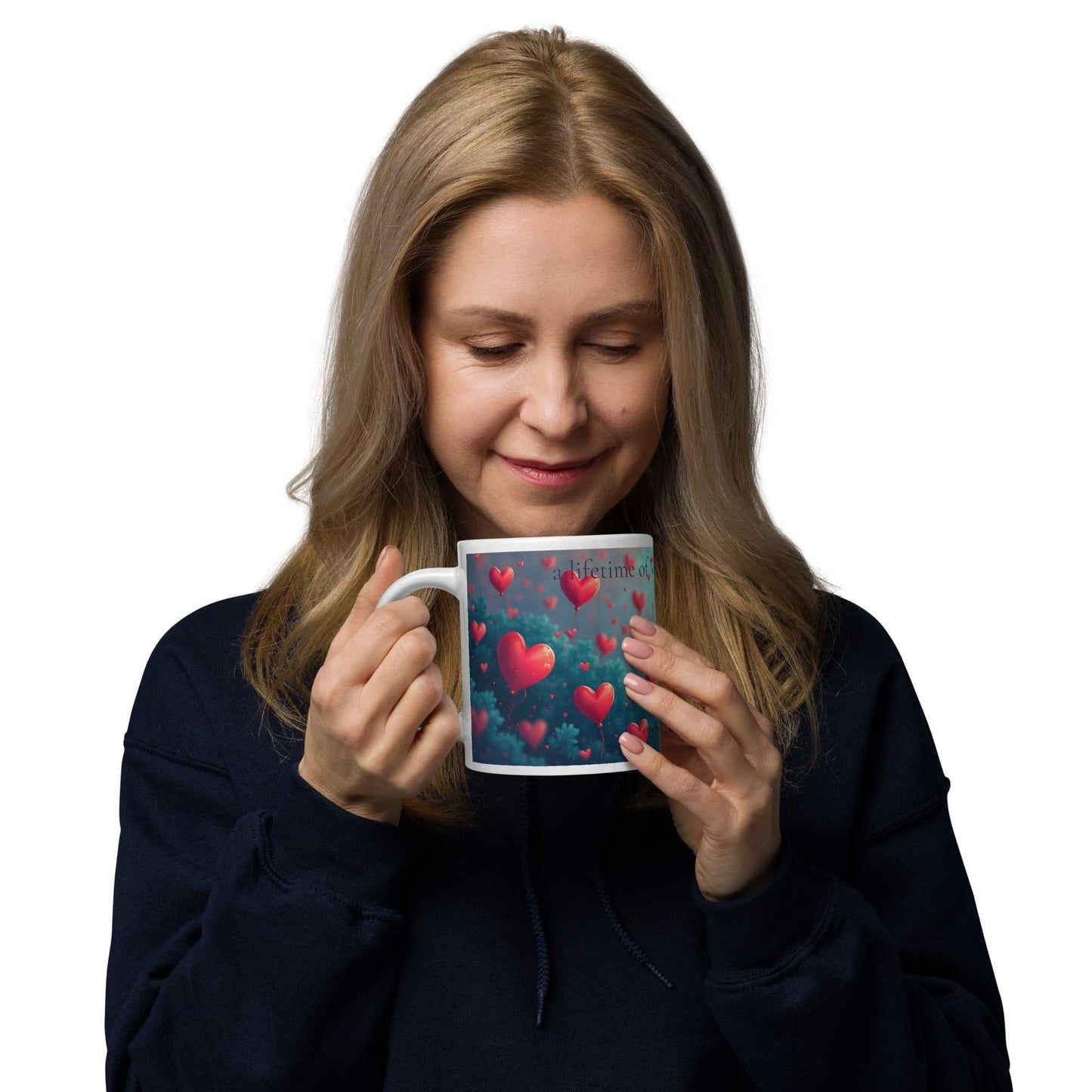 Woman holding Valentine's Day Mug - A Lifetime of Love 20oz from HenryPawHaven, featuring red heart design, perfect for romantic gifting.