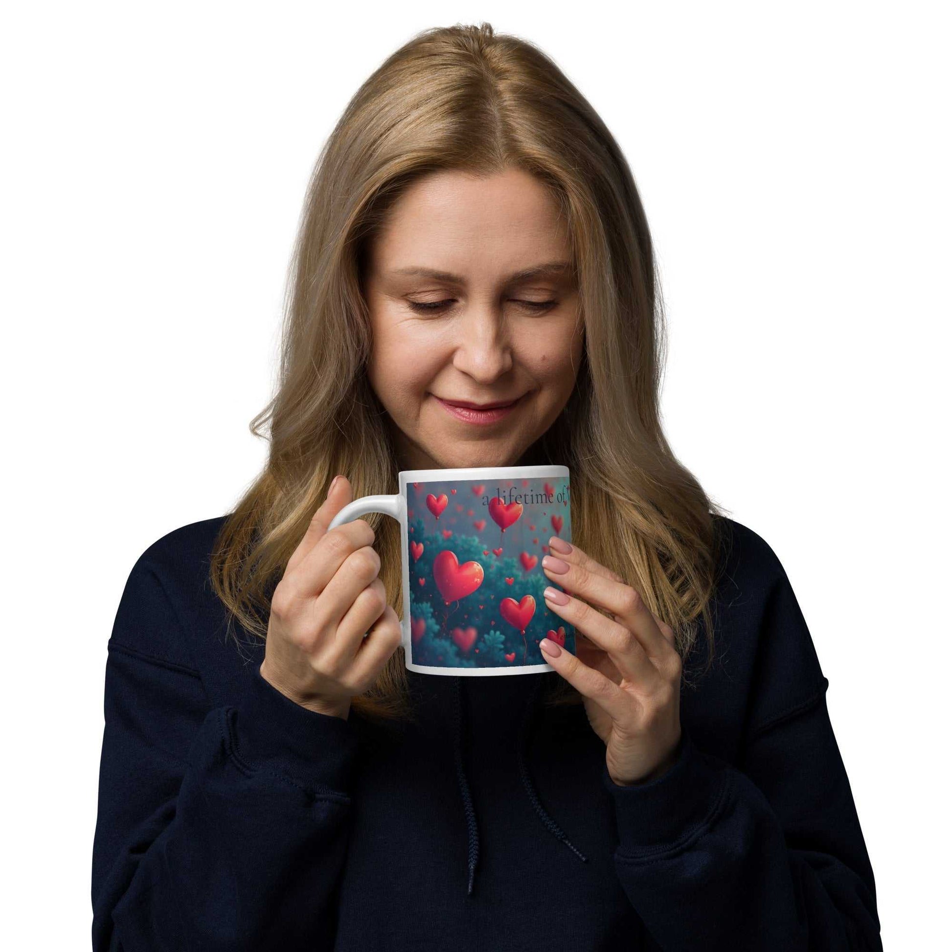 Woman holding Valentine's Day Mug - A Lifetime of Love 20oz from HenryPawHaven, featuring red heart design, perfect for romantic gifting.