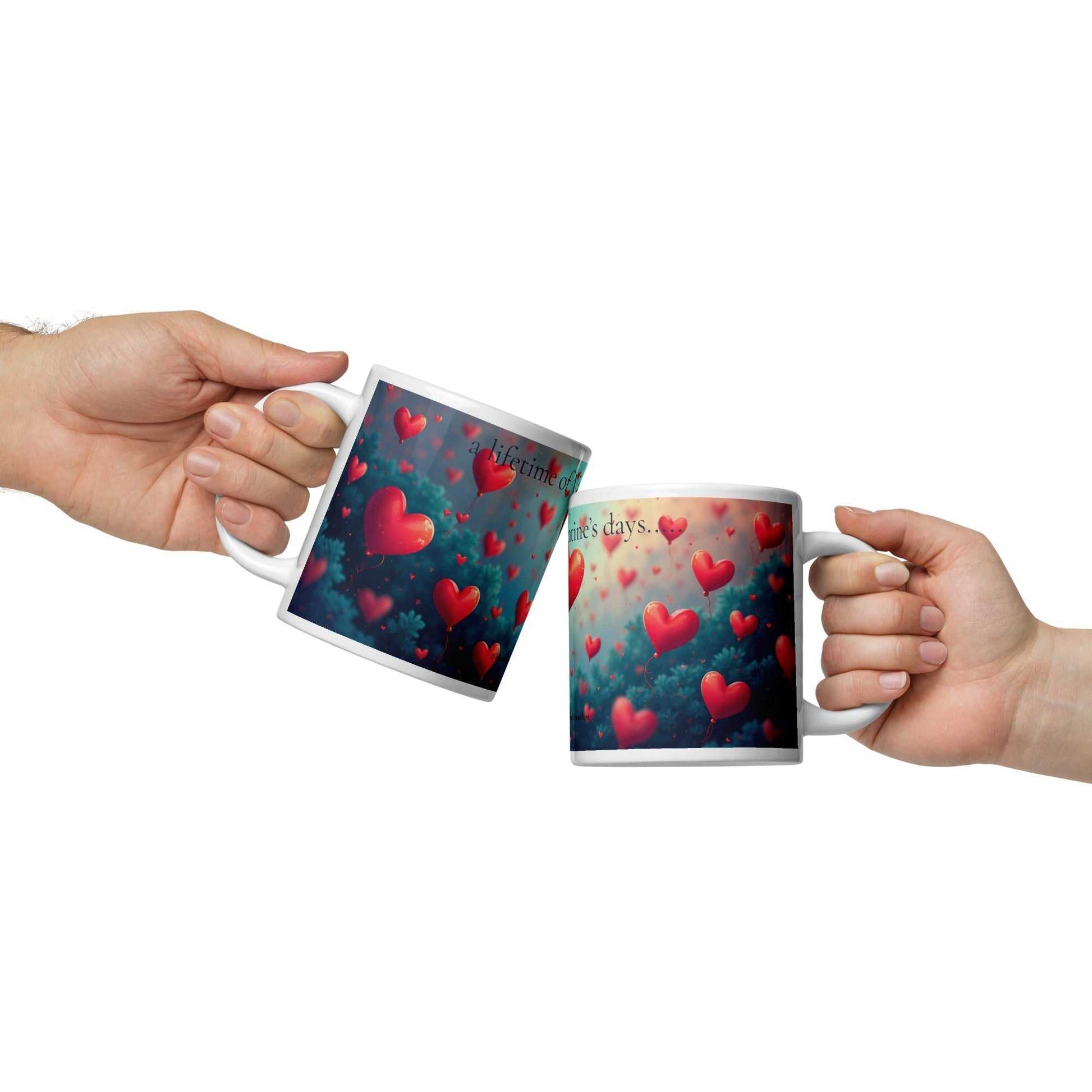 Two people clinking Valentine's Day Mug - A Lifetime of Love 20oz with red heart design, symbolizing shared love and celebration.