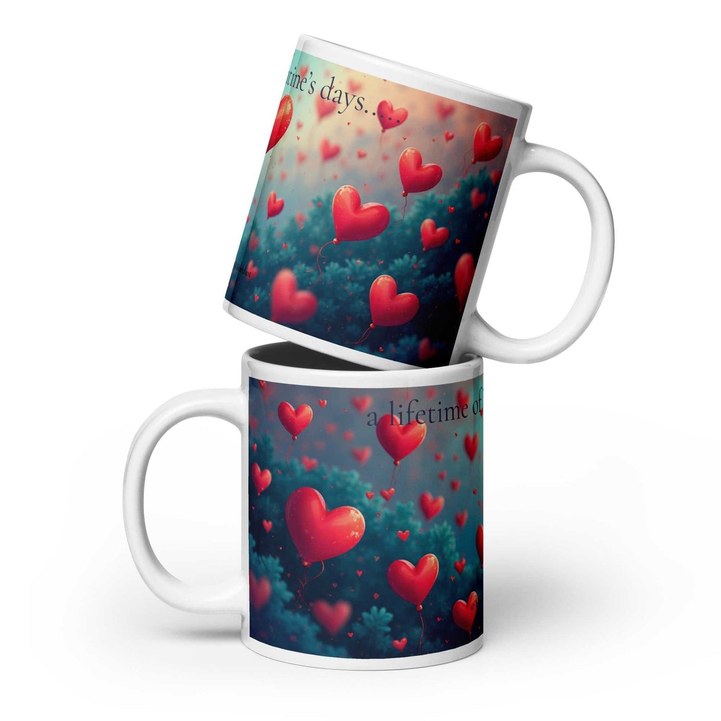 Stacked Valentine's Day Mug - A Lifetime of Love 20oz from HenryPawHaven, showcasing romantic red heart artwork on ceramic surface.