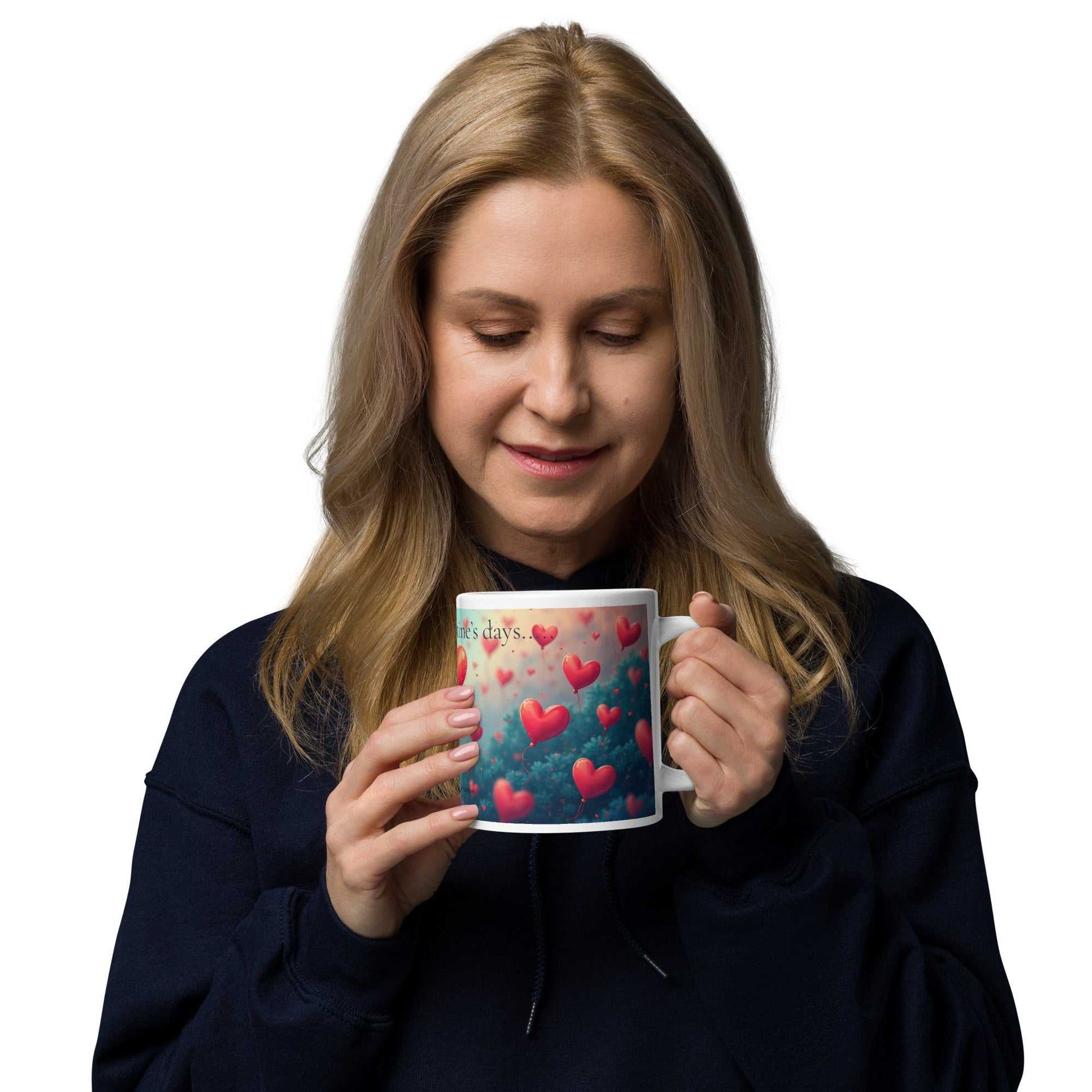 Smiling woman enjoying a warm drink in the Valentine's Day Mug - A Lifetime of Love 20oz, featuring heart-filled romantic design.