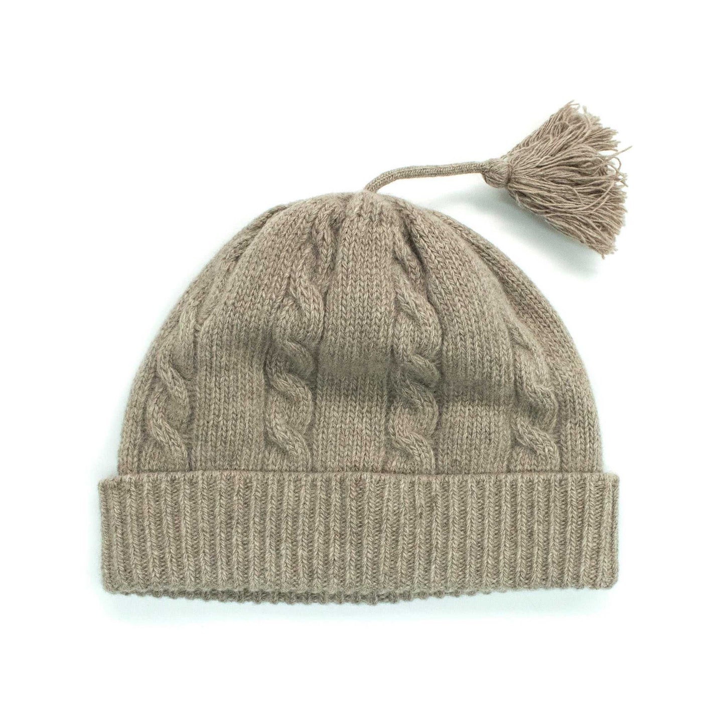Portolano Baby Cashmere Hat in taupe with classic cable knit and tassel. Warm and luxurious 100% cashmere hat for babies.