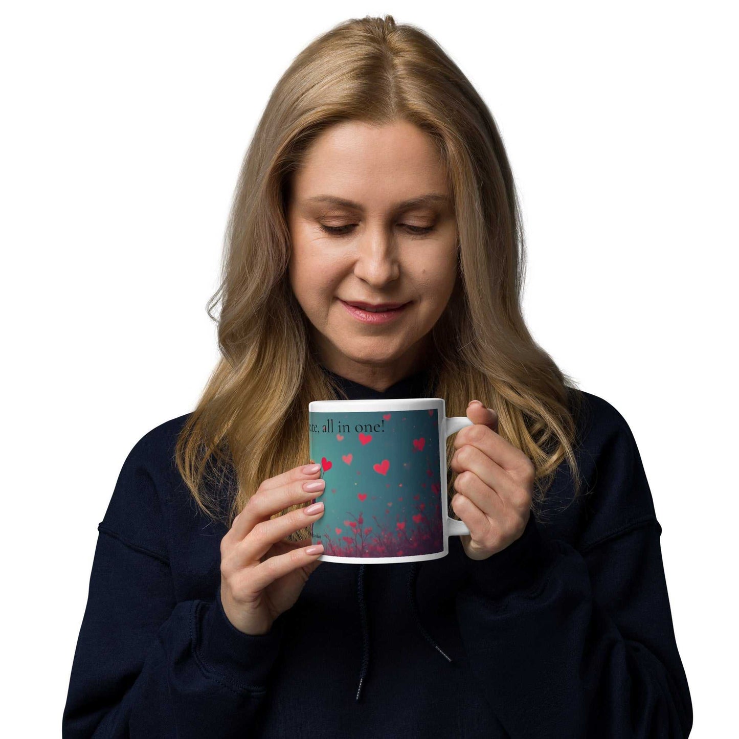 Smiling woman enjoying a warm drink from 20oz Valentine's Day mug with teal and pink heart design, perfect for soulmate or best friend.