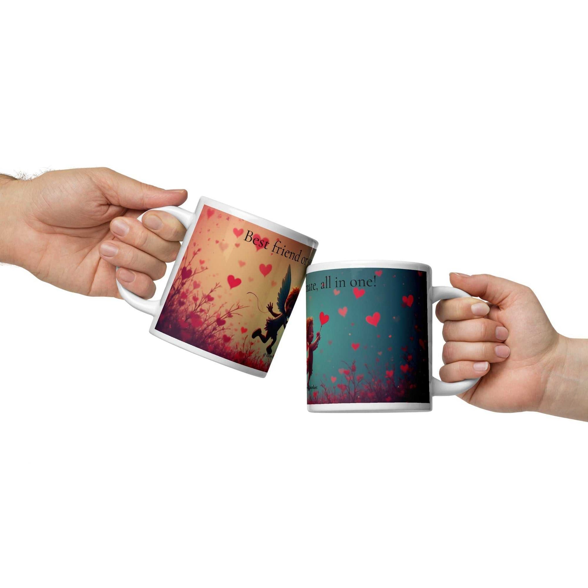 Valentine's Day mug - Best Friend or Soulmate design in 20oz size, clinked by two hands, featuring romantic heart and floral artwork.