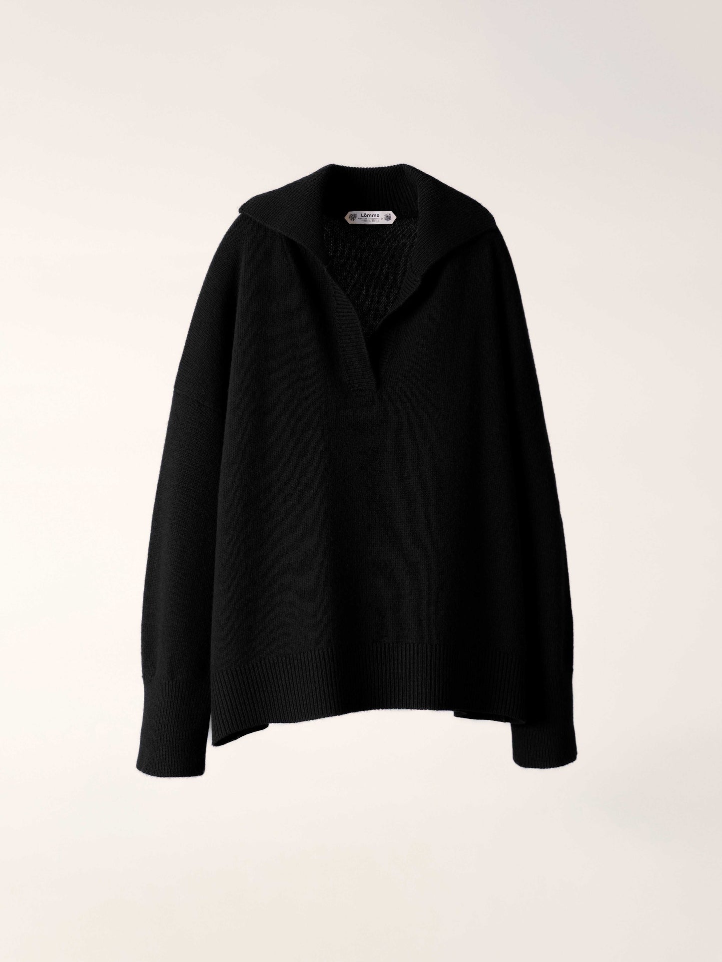 Black Cashmere-Wool Blend Relaxed Polo with ribbed cuffs and hem, Italian knitwear by HenryPawHaven. Sleek and versatile wardrobe essential.