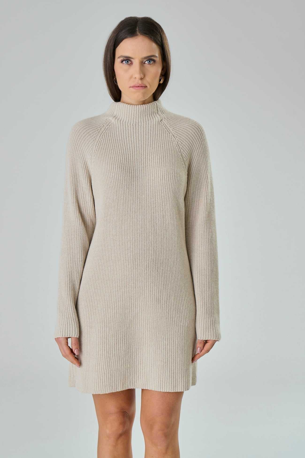 Front view of beige Cashmere Blend Knit Dress - Agnese by Tenné, featuring ribbed knit, turtleneck, and long sleeves. A premium Italian knitwear piece.