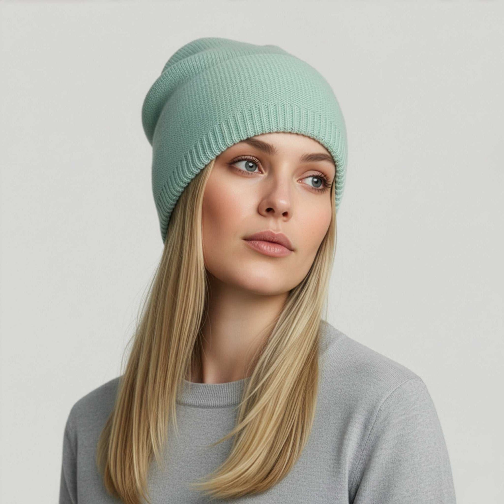 Portolano Women's Cashmere Slouchy Hat in mint green worn by model. Soft jersey knit beanie with relaxed fit, ideal for winter fashion.