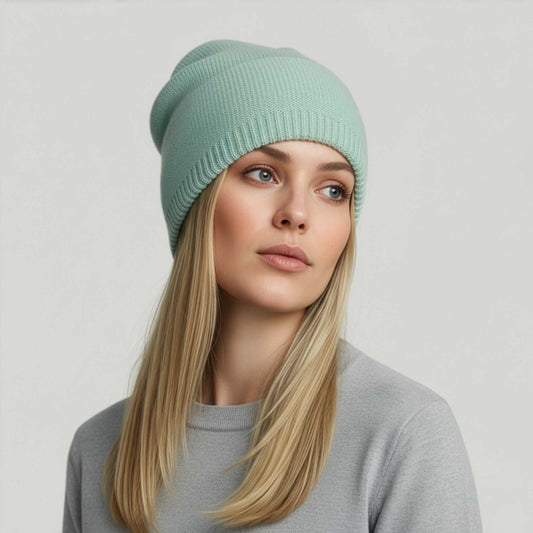 Portolano Women's Cashmere Slouchy Hat in mint green worn by model. Soft jersey knit beanie with relaxed fit, ideal for winter fashion.